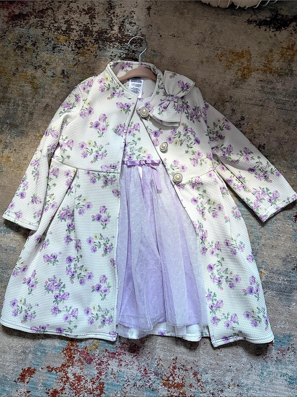 Blueberi Boulevard Girls Floral Dress and Coat Set Purple & White